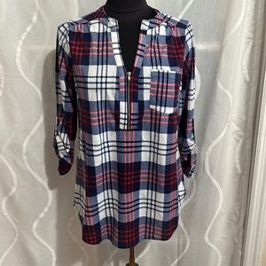 Always Indigo, Blue & Red Plaid, V Neck Top, Size Medium.